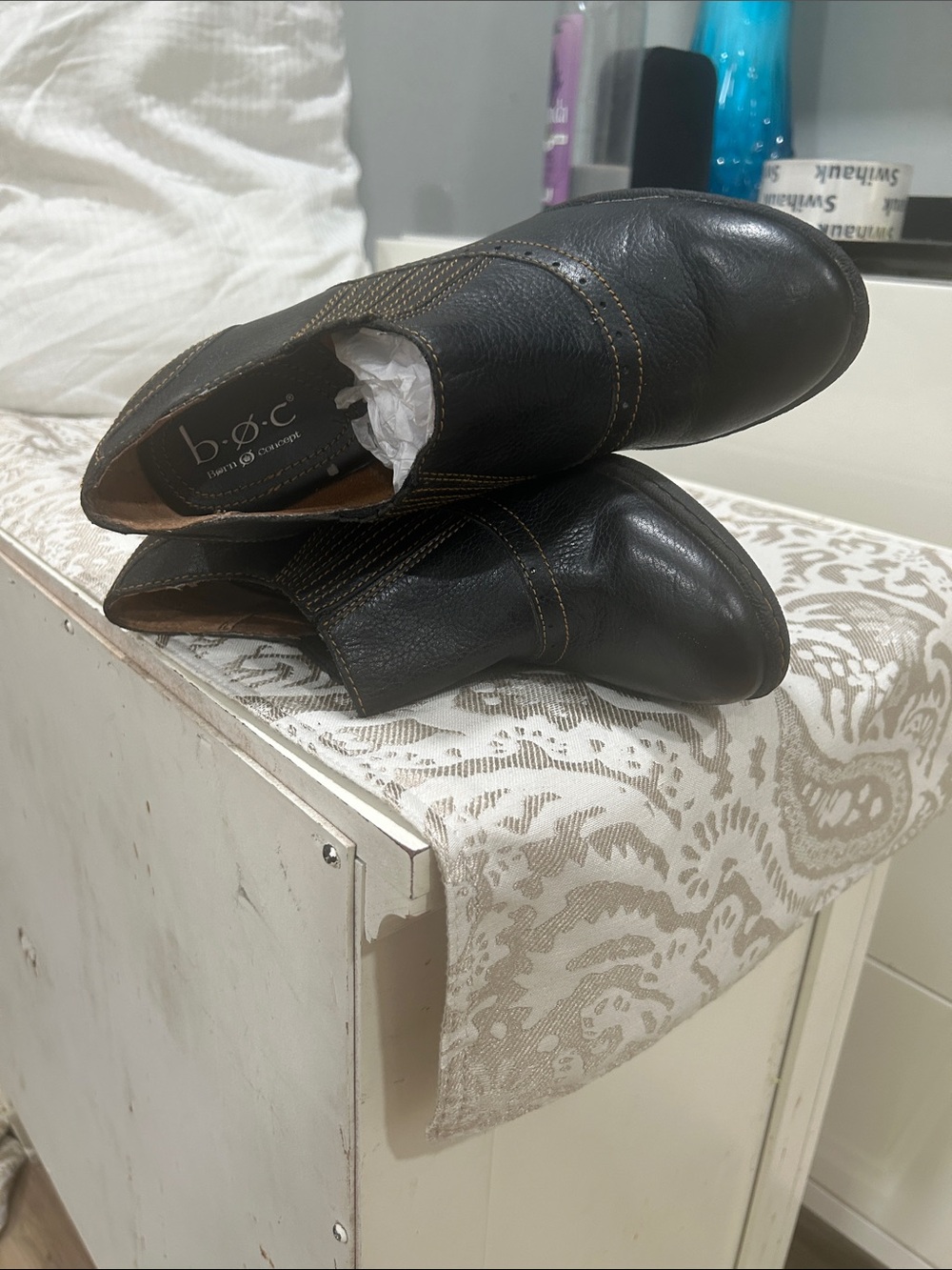Black Block-Heel Ankle Booties with Contrast Stitching